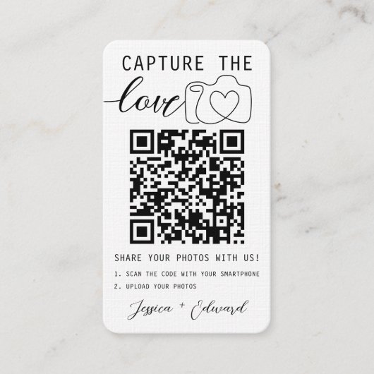 Capture the Liebe QR Code Foto Moderne Hochzeit Platzkarte (Vorderseite)