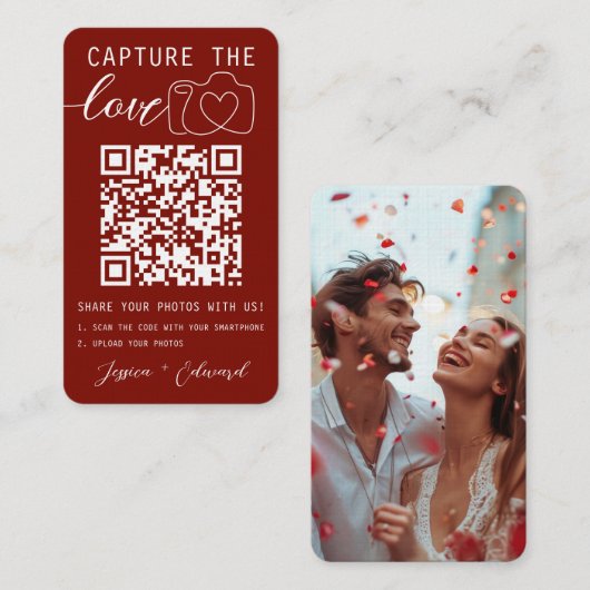 Capture the Liebe Qr Code Foto Red White Wedding Platzkarte (Vorne/Hinten)
