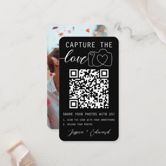 Capture the Liebe Qr Code Foto Schwarz-weiß Weddin Platzkarte (Vorderseite/Rückseite Beispiel)