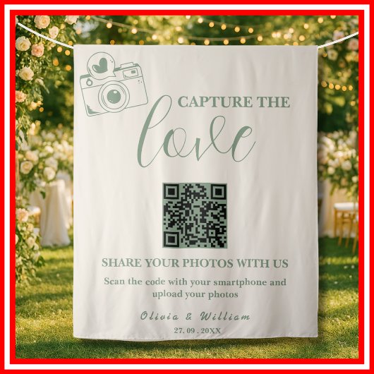 Capture the Liebe Sage Green QR Wedding Background Wandteppich