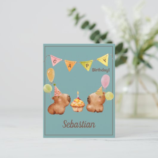 Capybara Adventure Birthday Party Postkarte (Stehend Vorderseite)