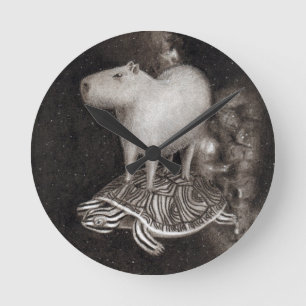 Capybara and Terrapin flying through space drawing Runde Wanduhr