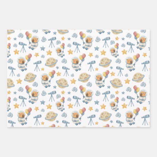 Capybara Astronautenmuster - Papierblätter Geschenkpapier Set (Vorderseite)