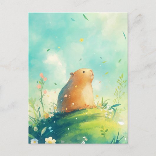 Capybara auf einem Hügel mit fallenden Blütenblätt Postkarte (Vorderseite)