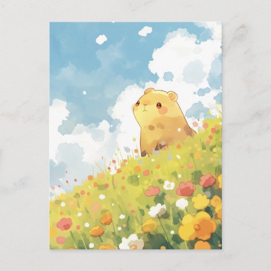 Capybara auf sonniger Wiesenlandschaft mit Wildblu Postkarte (Vorderseite)