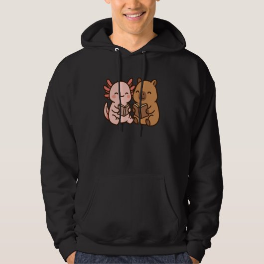 Capybara Axolotl Kawaii Kids Anime Book Lover Read Hoodie (Vorderseite)