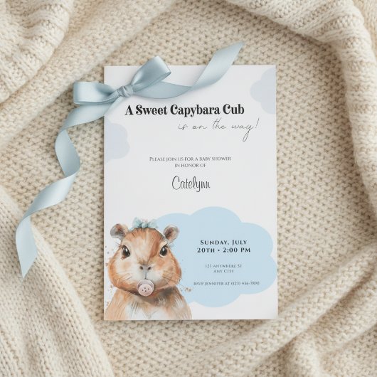 Capybara Baby Shower • Blue Bow Theme Einladung