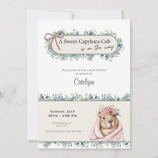 Capybara Baby Shower Invitation • Greenery Theme Save The Date (Vorderseite)