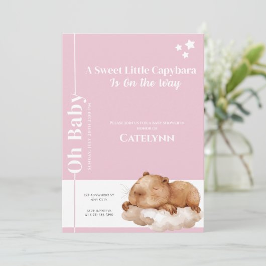 Capybara Baby Shower Invitation • Oh Baby Pink Save The Date (Stehend Vorderseite)