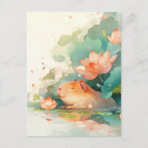 Capybara beim Nickerchen im rosa Lotusblumen-Teich Postkarte