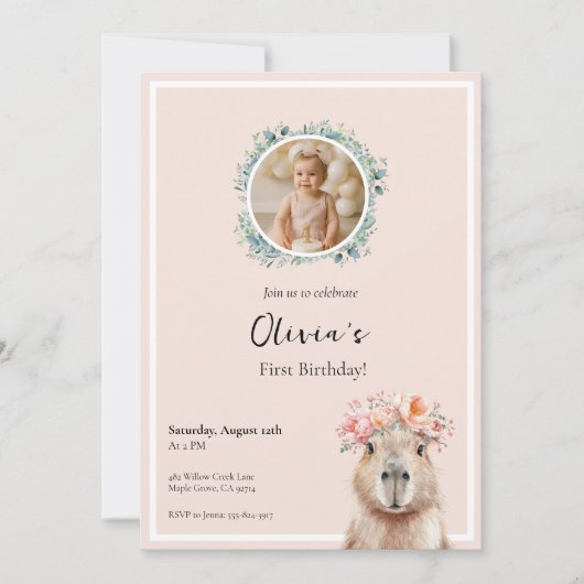Capybara Birthday Invitation • Cute First Birthday (Vorderseite)