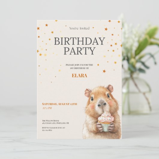 Capybara Birthday Invitation • Cute First Birthday Save The Date (Stehend Vorderseite)