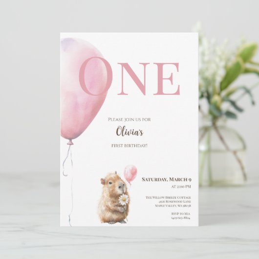 Capybara Birthday Invitation • Pink Balloon (Stehend Vorderseite)