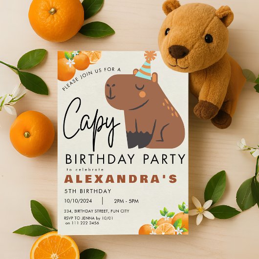 Capybara Birthday Niedlich Orange Mandarine Capiba Einladung