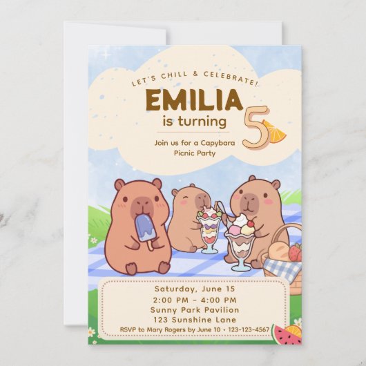 Capybara Birthday Picnic Invitation Einladung (Vorderseite)