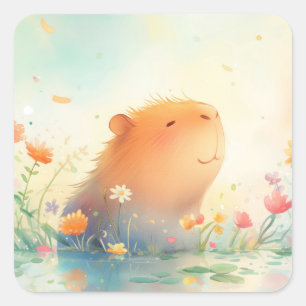 Capybara Blumen Teich Retreat Quadratischer Aufkleber