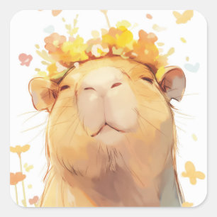 Capybara-Blumenkrone Quadratischer Aufkleber