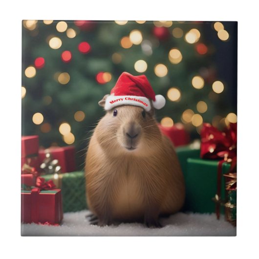 "Capybara Claus: Ein festliches Bokeh-Wunderland" Fliese (Vorderseite)