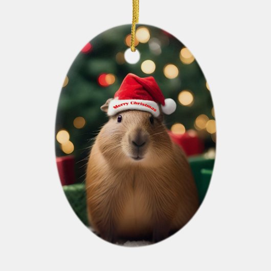 "Capybara Claus: Ein festliches Bokeh-Wunderland" Keramik Ornament (Vorne)