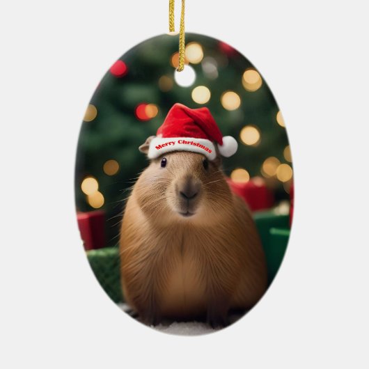 "Capybara Claus: Ein festliches Bokeh-Wunderland" Keramik Ornament (Hinten)