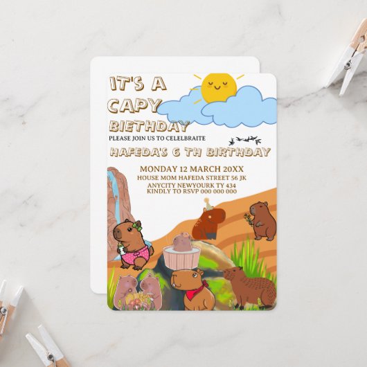Capybara Einladung zum Geburtstag, Niedlicher Blum (Vorderseite/Rückseite Beispiel)