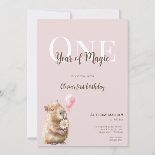 Capybara First Birthday Invitation • Woodland Girl (Vorderseite)