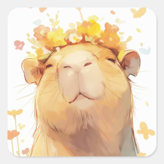 Capybara Floral Crown Quadratischer Aufkleber (Vorderseite)