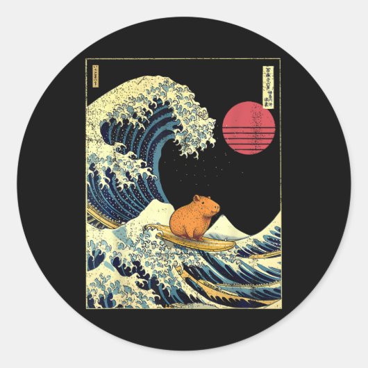 Capybara Japanese Kanagawa Wave Funny Surf Animal Runder Aufkleber (Vorderseite)