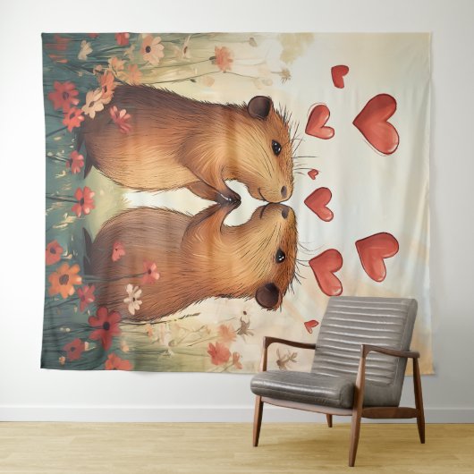 Capybara Liebe - Ein romantischer Moment auf der W Wandteppich (Beispiel (Horizontal))