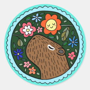 Capybara mit Blume Niedlich Happy Capybara Geschen Runder Aufkleber
