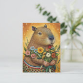 Capybara mit Blume Volkskunst Postkarte (Stehend Vorderseite)