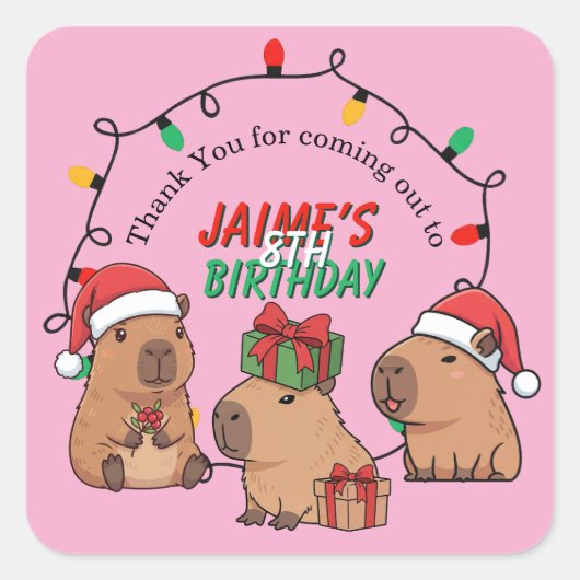 Capybara Pink Christmas Holiday Birthday Quadratischer Aufkleber (Vorderseite)