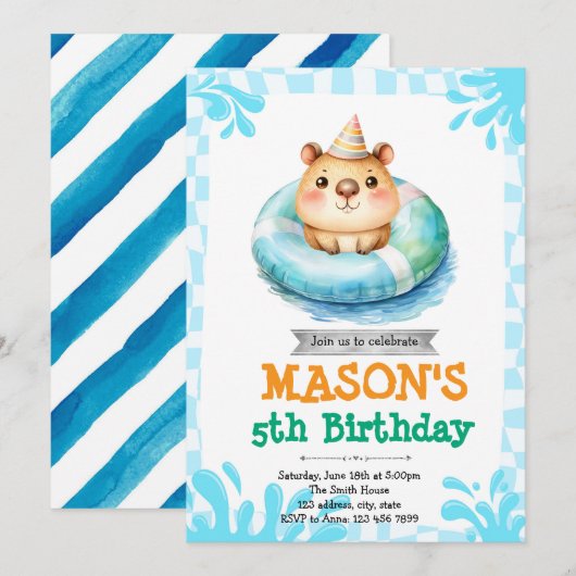 Capybara Pool Party Einladung (Vorne/Hinten)