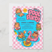 Capybara-Poolparty-Karo-Rosa 1. Geburtstag Einladung (Vorderseite)