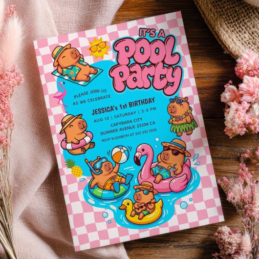 Capybara-Poolparty-Karo-Rosa 1. Geburtstag Einladung