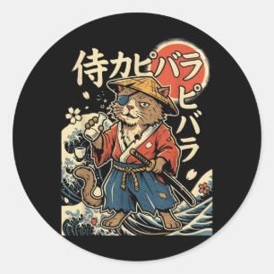 Capybara Samurai Katze japanische Ästhetik Ukiyo-e Runder Aufkleber