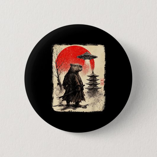 Capybara Samurai Retro Ufo Japanese Warrior Tenshu Button (Vorderseite)