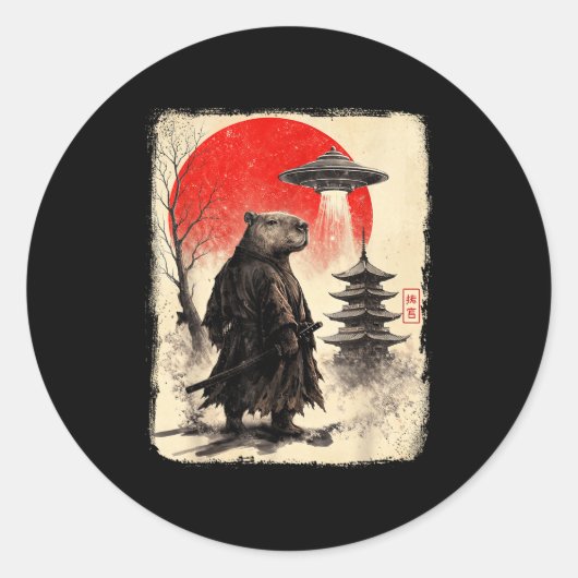 Capybara Samurai Retro Ufo Japanese Warrior Tenshu Runder Aufkleber (Vorderseite)