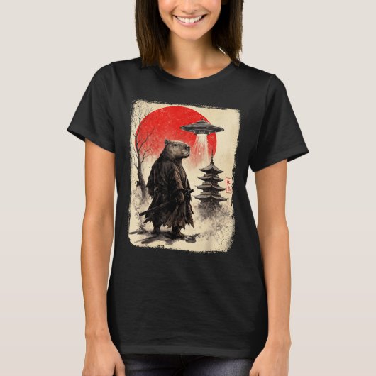 Capybara Samurai Retro Ufo Japanese Warrior Tenshu T-Shirt (Vorderseite)