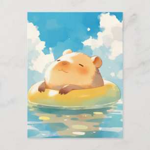 Capybara schwebt in gelber Schwimmblase Sommer Postkarte