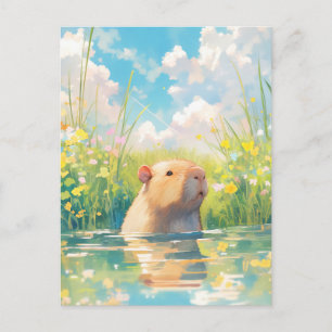 Capybara Schwimmen im sonnigen Wiesenweiher mit Wi Postkarte