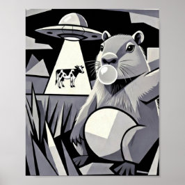 Capybara Selfie UFO Cow Abduction Cubist Art Poster