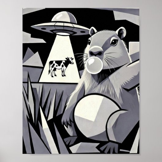 Capybara Selfie UFO Cow Abduction Cubist Art Poster (Vorne)