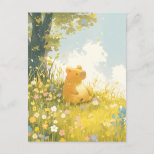 Capybara sitzt auf einer Wiesenblumenwiese unter e Postkarte
