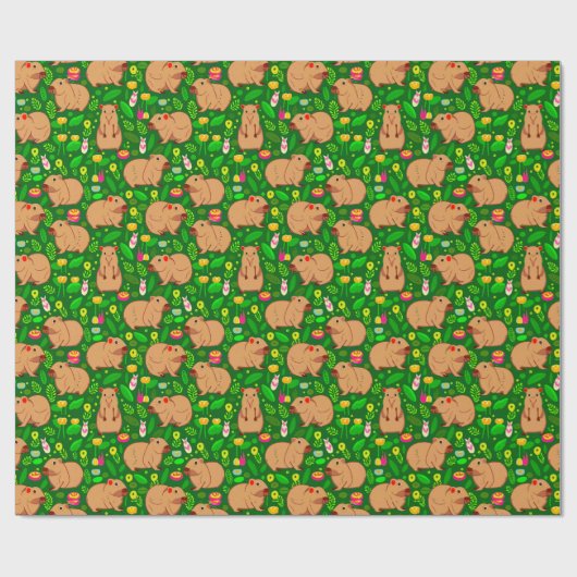 Capybara Sketch mit Frühlingsblumen auf Grün Geschenkpapier (Flach)