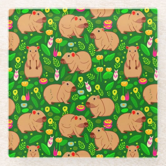 Capybara Sketch mit Frühlingsblumen auf Grün Glasuntersetzer (Vorderseite)