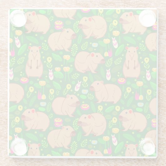 Capybara Sketch mit Frühlingsblumen auf Grün Glasuntersetzer (Rückseite)