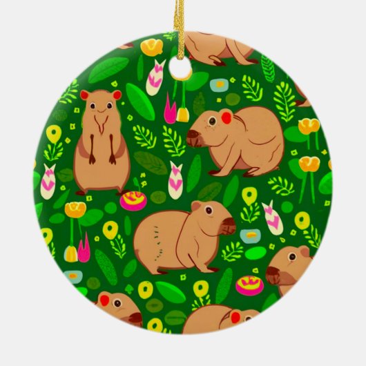 Capybara Sketch mit Frühlingsblumen auf Grün Keramik Ornament (Hinten)