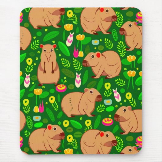 Capybara Sketch mit Frühlingsblumen auf Grün Mousepad (Vorne)