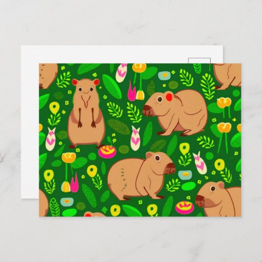 Capybara Sketch mit Frühlingsblumen auf Grün Postkarte (Vorne/Hinten)